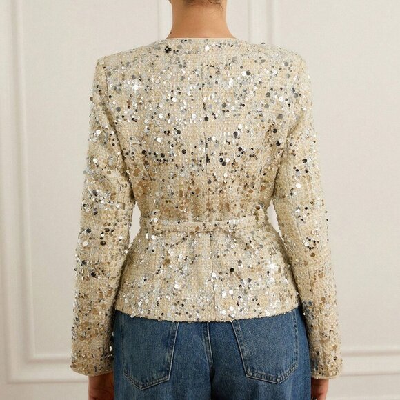 Beige Party Women's sequin detailed tweed belted blazer - Picture 2 of 6
